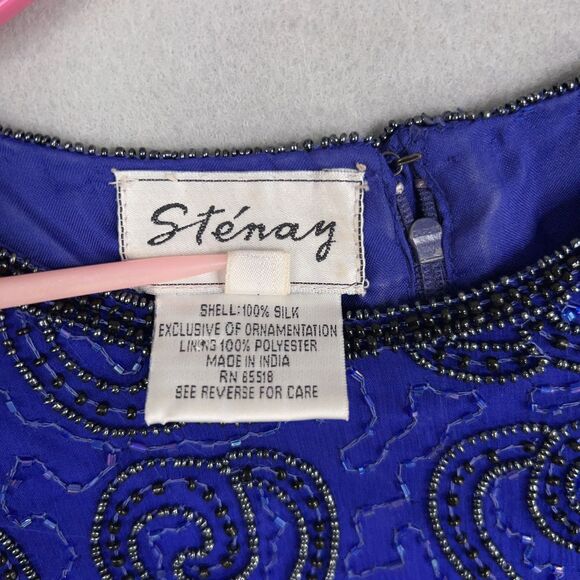 Vintage Stenay Top Womens Medium Blue Beaded Paisley Evening 100% Silk Cruise - Picture 7 of 14